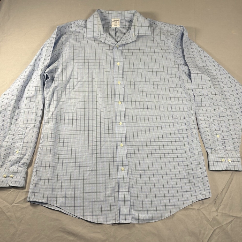 Brooks Brothers 1818 Regent Shirt Mens 17 36/37 Blue Windowpane Non Iron Cotton - Picture 3 of 9